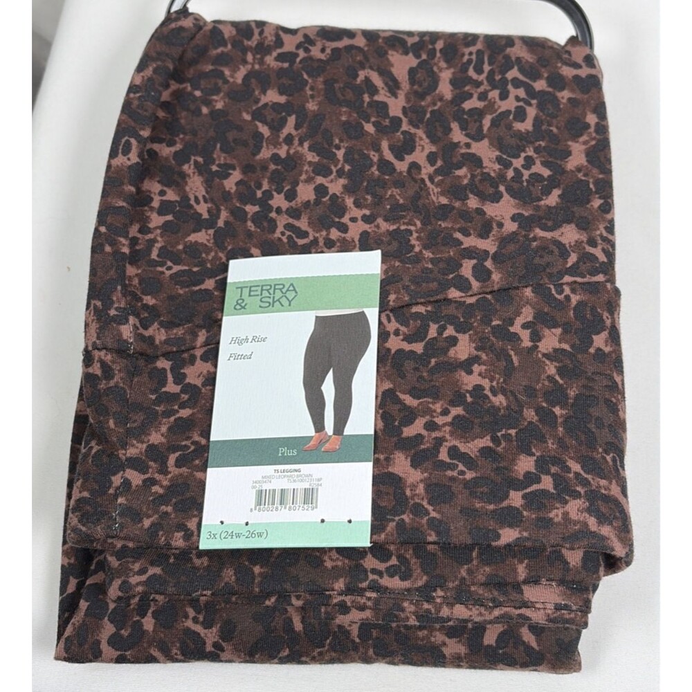 Terra & Sky High Rise Fitted Legging Pants Mixed Leopard Brown Size 3X (24W-26W)
